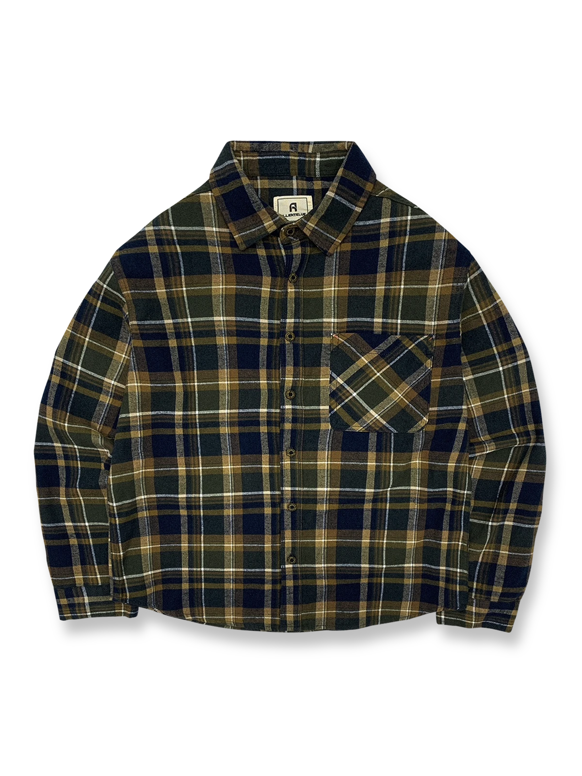 製品画像: 100%コットンツイル起毛素材のヴィンテージ風イギリス風チェック柄シャツ。秋冬に最適な柔らかな肌触りと優れた保温性。

詳細画像: ゆったりとしたシルエットのチェック柄シャツ。デニムやカジュアルパンツとの相性が良く、重ね着にも最適。