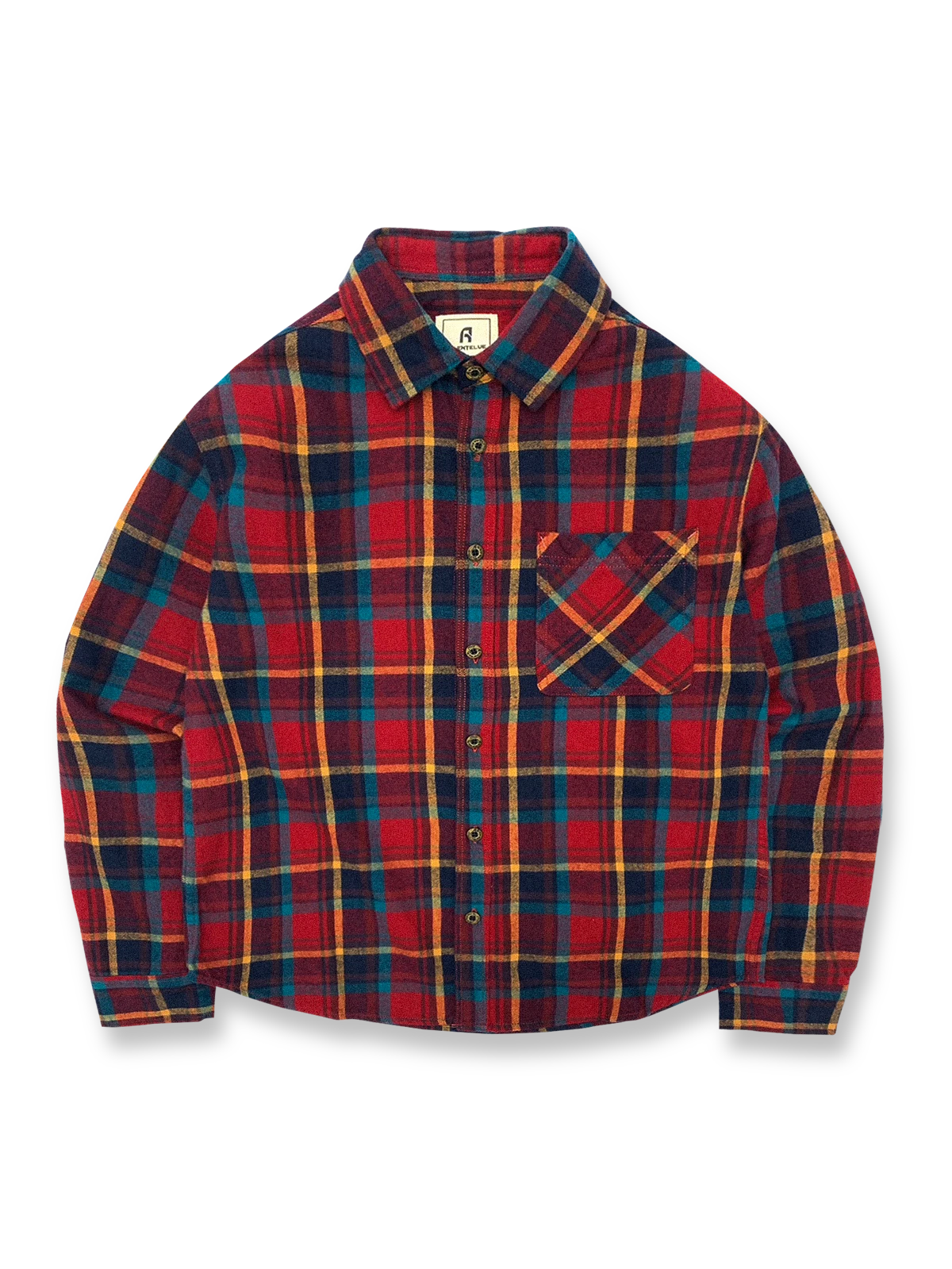 製品画像: 100%コットンツイル起毛素材のヴィンテージ風イギリス風チェック柄シャツ。秋冬に最適な柔らかな肌触りと優れた保温性。

詳細画像: ゆったりとしたシルエットのチェック柄シャツ。デニムやカジュアルパンツとの相性が良く、重ね着にも最適。