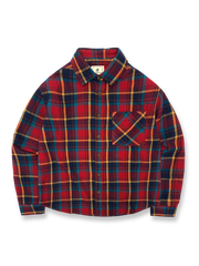 製品画像: 100%コットンツイル起毛素材のヴィンテージ風イギリス風チェック柄シャツ。秋冬に最適な柔らかな肌触りと優れた保温性。

詳細画像: ゆったりとしたシルエットのチェック柄シャツ。デニムやカジュアルパンツとの相性が良く、重ね着にも最適。