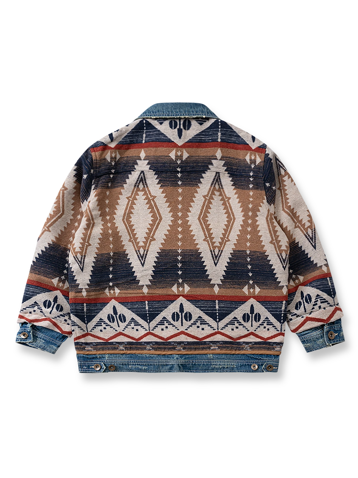製品画像: ウール混素材とデニムを融合したパッチワークデザインのジャケット、ヴィンテージ感漂う民族風パターンとクラシックなデニムディテール。
詳細画像: フェイクレイヤードデザインとデニムディテールが特徴のウール混デニムジャケット、秋冬にぴったりなスタイリッシュなアイテム。