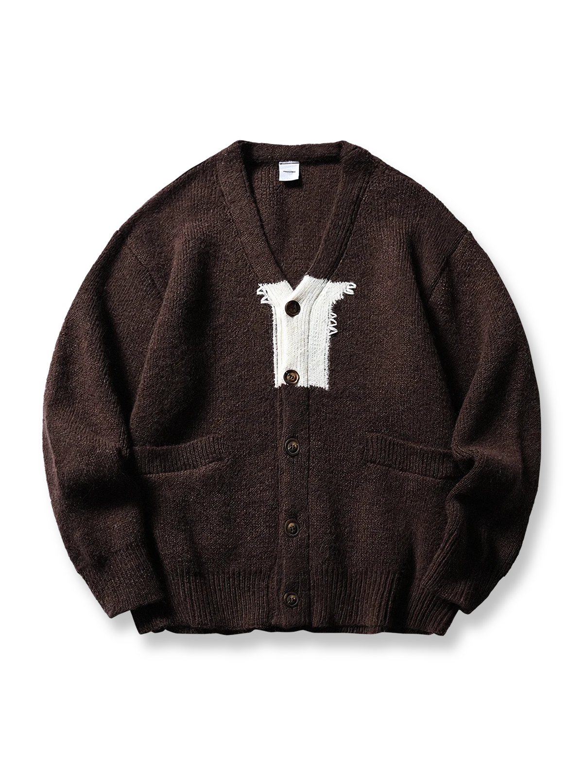 製品画像: ウール混紡 カラーブロック Vネック ニットカーディガンの全体展示画像。カラーブロックデザインがアクセントとなり、フロントポケットやリブ仕上げのディテールが際立つスタイリッシュな一着。軽量で暖かく、日常使いからフォーマルシーンまで対応可能。
詳細画像: フロントポケットとカラーブロック部分の編み目ディテールをクローズアップした画像。繊細な光沢と柔らかな触感を実現したウール混紡素材の質感を強調。リブ仕上げによるフィット感と保温性も確認可能。