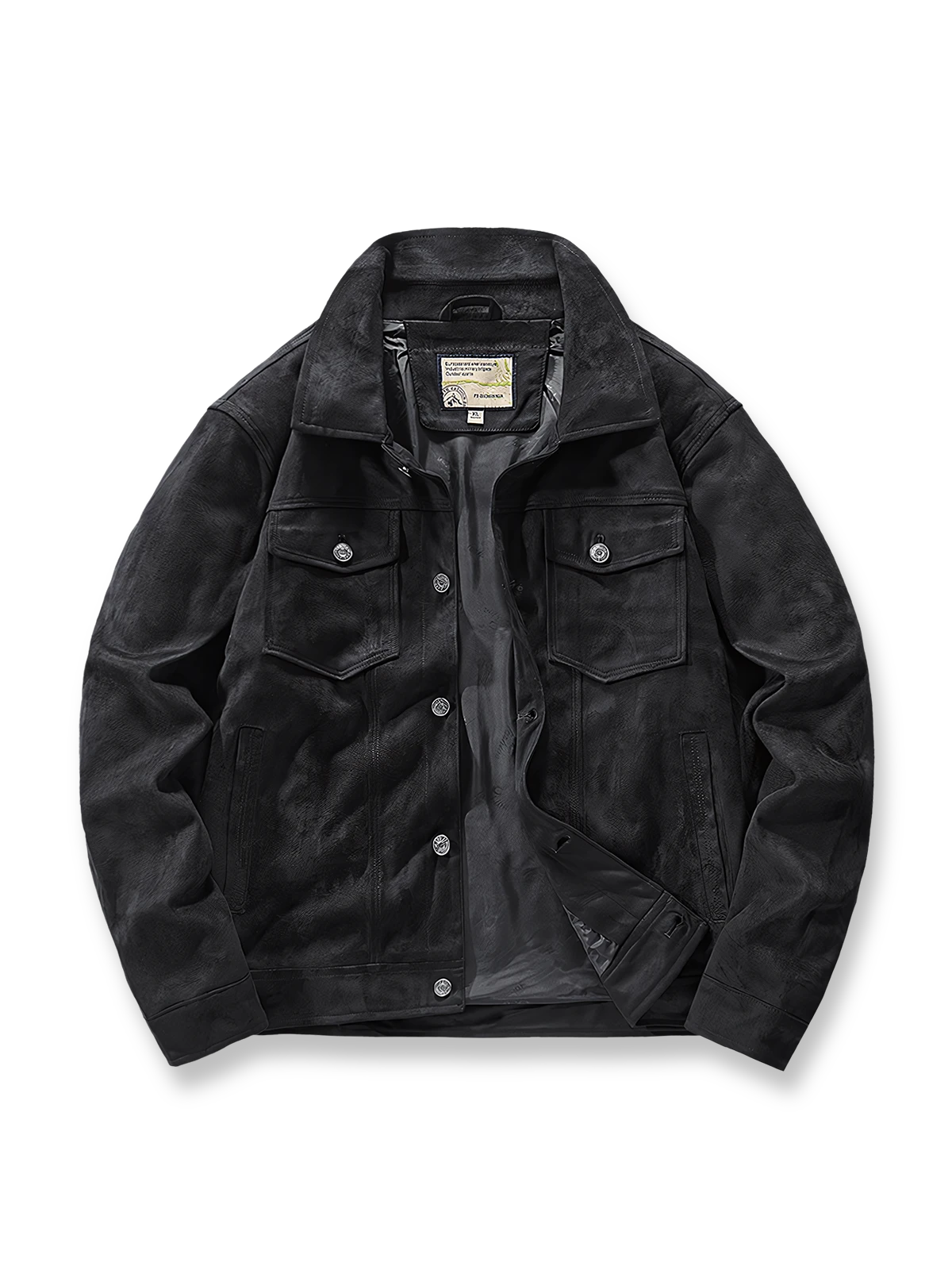 製品画像: スエード調 ターンダウンカラー ワークジャケットの全体展示画像。折り返し襟（ターンダウンカラー）とフラップポケットのクラシックなデザインが特徴。カーキ、グレー、コーヒー、ブラックの4色展開で、日常使いからカジュアルまで対応可能。
詳細画像: フラップポケットとボタンのディテールをクローズアップした画像。スエード調素材の柔らかい質感と耐久性をアピールし、デザインの細部にこだわりを表現。