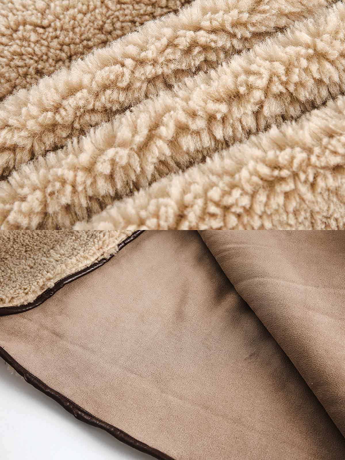 製品画像: ムートン一体 シープボア ダッフルコートの全体展示画像。厚手で暖かいムートンデザインが特徴で、トグルボタンとフード付きのクラシックなスタイルが際立つ。ルーズフィットシルエットで実用性とファッション性を両立。
詳細画像: トグルボタンのデザインと袖口のレザーパイピングをクローズアップした画像。細部のこだわりが分かるディテールで、耐久性と高級感を強調。