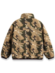 製品画像: 迷彩スタンドカラー リバーシブル 厚手中綿ジャケットの全体展示画像。クラシックな迷彩パターンと柔らかいシープスキン素材のリバーシブルデザインが特徴。冬の多様なシーンに適した実用的かつトレンド感のあるアイテム。
詳細画像: 迷彩面とシープスキン面のディテールをクローズアップした比較画像。ジッパーや伸縮性のある袖口デザインが快適性と保温性を強調。