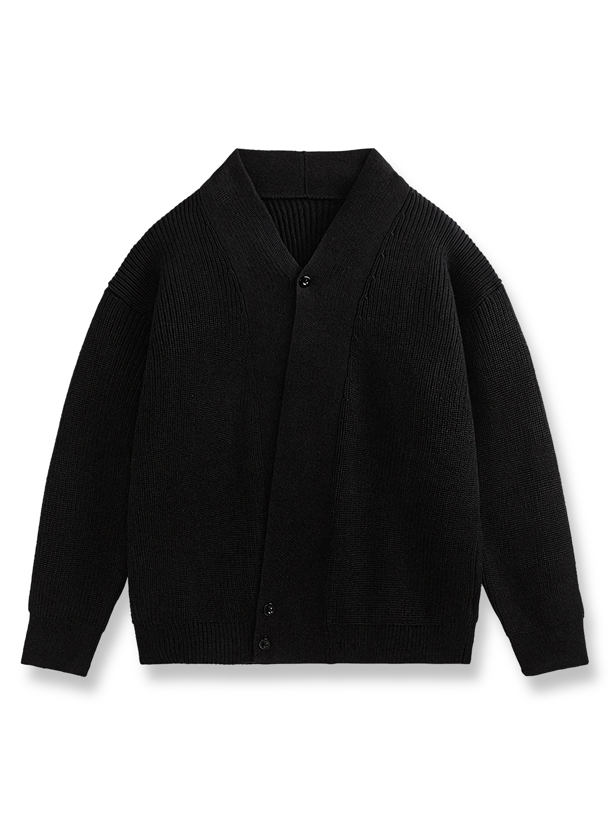 製品画像: アシンメトリーデザイン ニットセーターの全体展示画像。ユニークなアシンメトリーデザインが目を引く一着で、ルーズフィットシルエットがリラックスした雰囲気を演出。秋冬のコーディネートに最適。
詳細画像: アシンメトリーデザイン部分とリブ仕様の袖口ディテールをクローズアップした画像。柔らかな混紡素材の質感と防風性を強調。