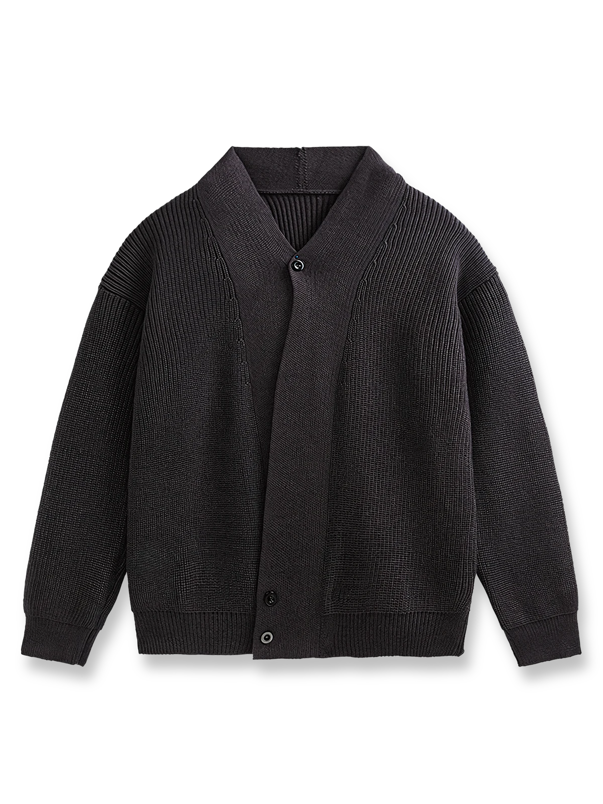 製品画像: アシンメトリーデザイン ニットセーターの全体展示画像。ユニークなアシンメトリーデザインが目を引く一着で、ルーズフィットシルエットがリラックスした雰囲気を演出。秋冬のコーディネートに最適。
詳細画像: アシンメトリーデザイン部分とリブ仕様の袖口ディテールをクローズアップした画像。柔らかな混紡素材の質感と防風性を強調。