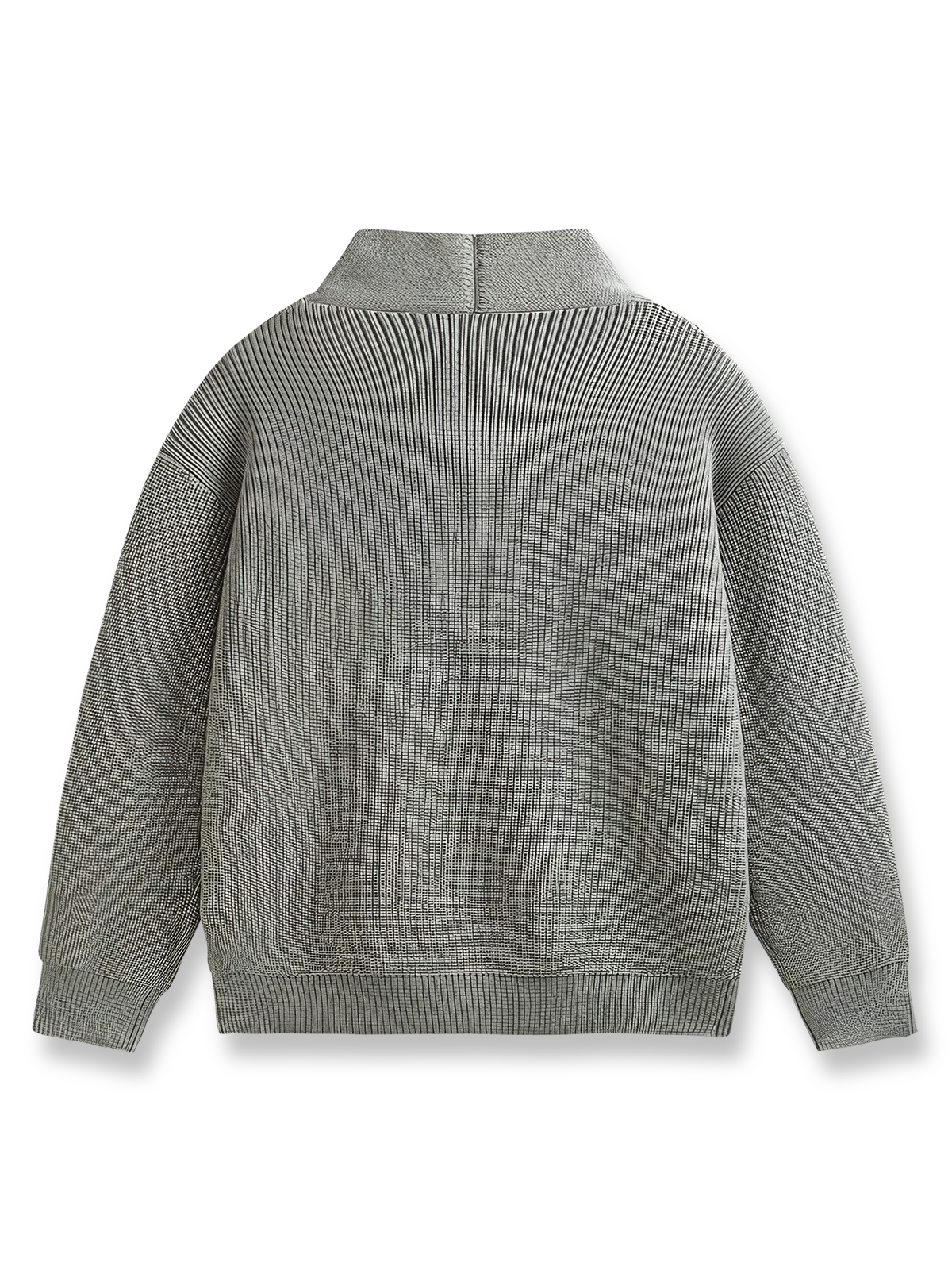 製品画像: アシンメトリーデザイン ニットセーターの全体展示画像。ユニークなアシンメトリーデザインが目を引く一着で、ルーズフィットシルエットがリラックスした雰囲気を演出。秋冬のコーディネートに最適。
詳細画像: アシンメトリーデザイン部分とリブ仕様の袖口ディテールをクローズアップした画像。柔らかな混紡素材の質感と防風性を強調。