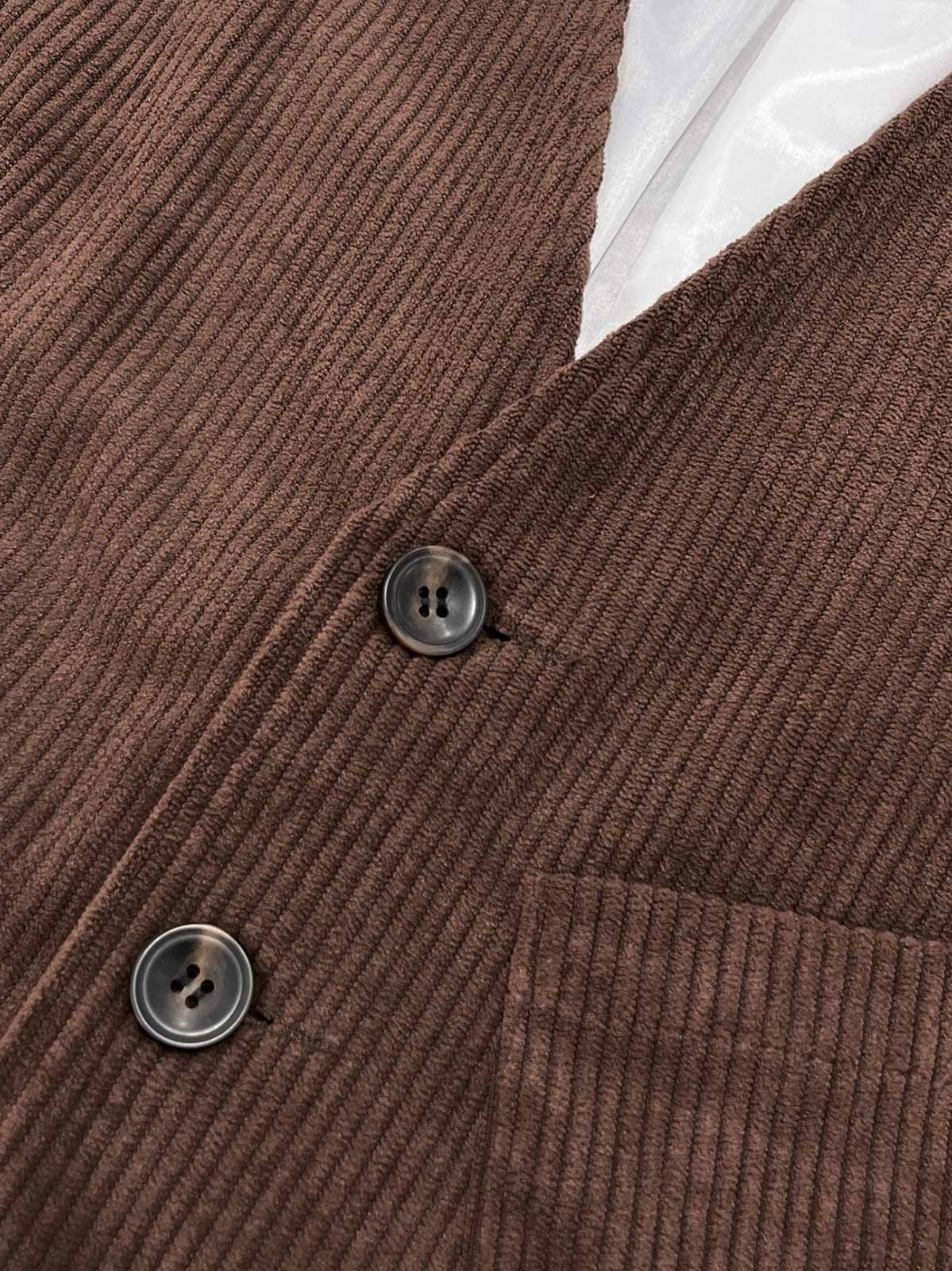 製品画像
レトロコーデュロイベスト 高品質なコーデュロイ素材を使用し、クラシックな質感とシンプルなデザインが特徴のベスト。柔らかく滑らかな着心地が魅力。

詳細画像
コーデュロイ素材のディテール、柔らかな質感と細かい畝模様。シンプルでクラシックなデザインが際立つ。

ボタンディテール: 牛角製のボタンが付いたシンプルでエレガントなデザイン。