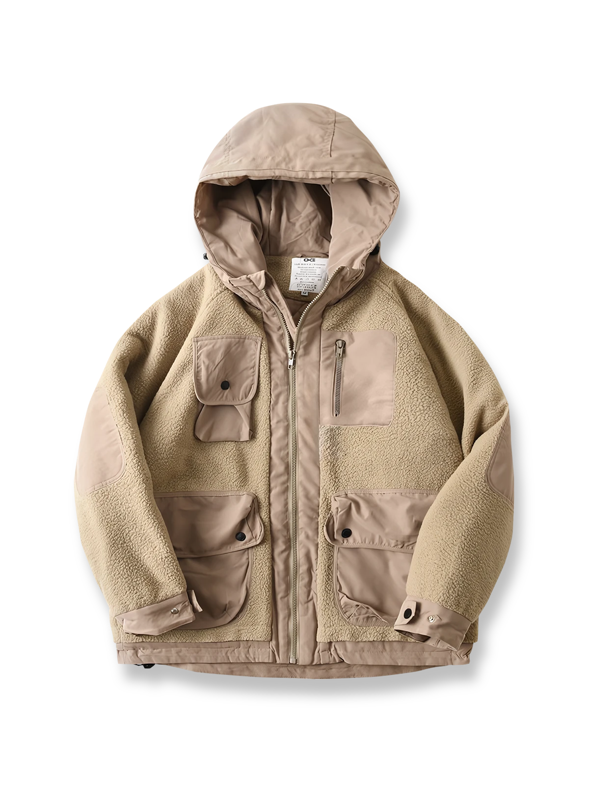 製品画像
フリース パッチワーク フード付き 中綿ジャケットの全体像。高密度フリース素材と耐久性のあるパッチワークデザインが特徴的なアウター。

詳細画像
高密度フリースと耐磨性に優れた織布パッチワークのテクスチャ、ダイヤ柄キルティング裏地、中綿ズレ防止仕様、大容量4ポケットのディテール特写。