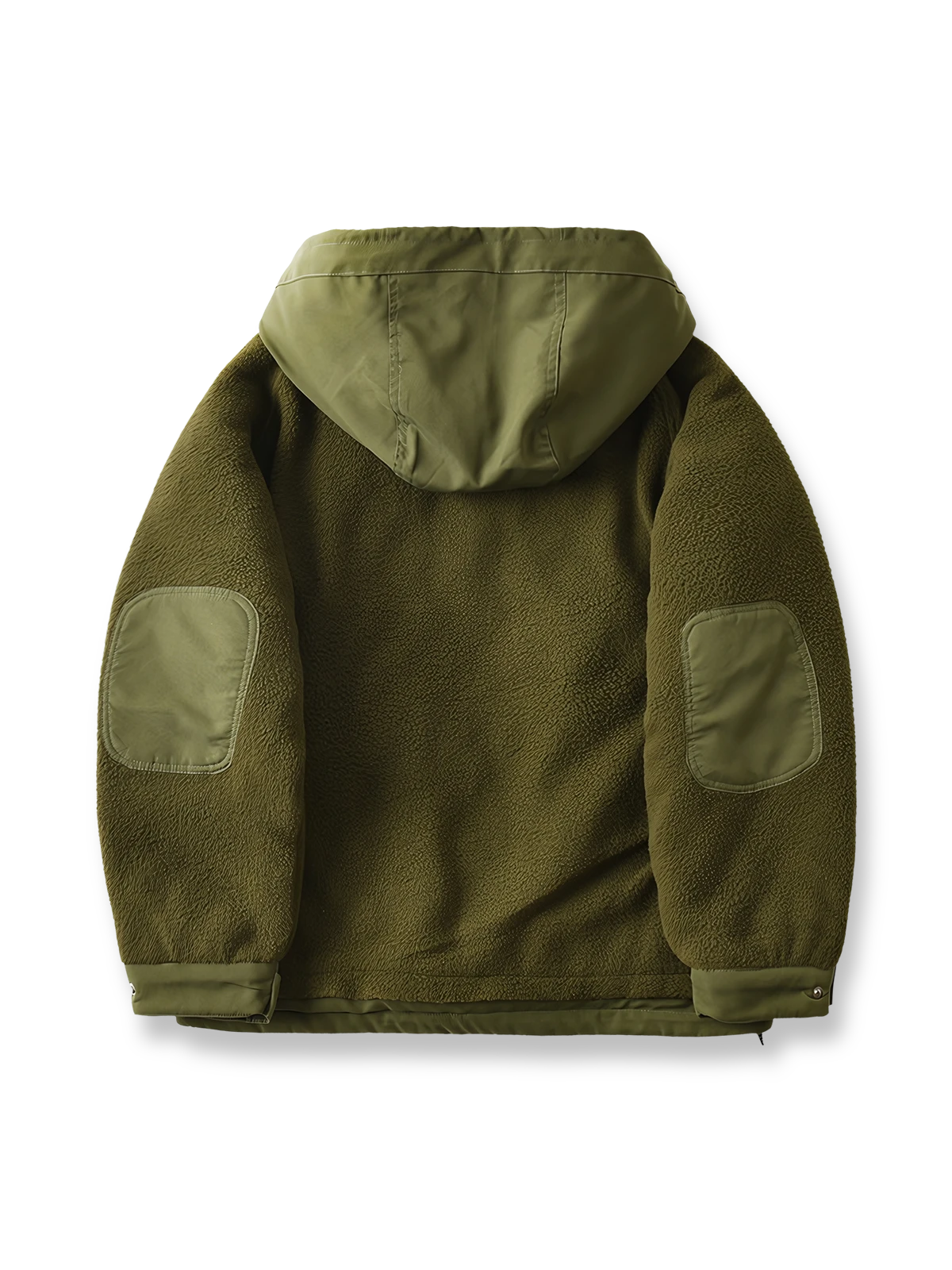 製品画像
フリース パッチワーク フード付き 中綿ジャケットの全体像。高密度フリース素材と耐久性のあるパッチワークデザインが特徴的なアウター。

詳細画像
高密度フリースと耐磨性に優れた織布パッチワークのテクスチャ、ダイヤ柄キルティング裏地、中綿ズレ防止仕様、大容量4ポケットのディテール特写。