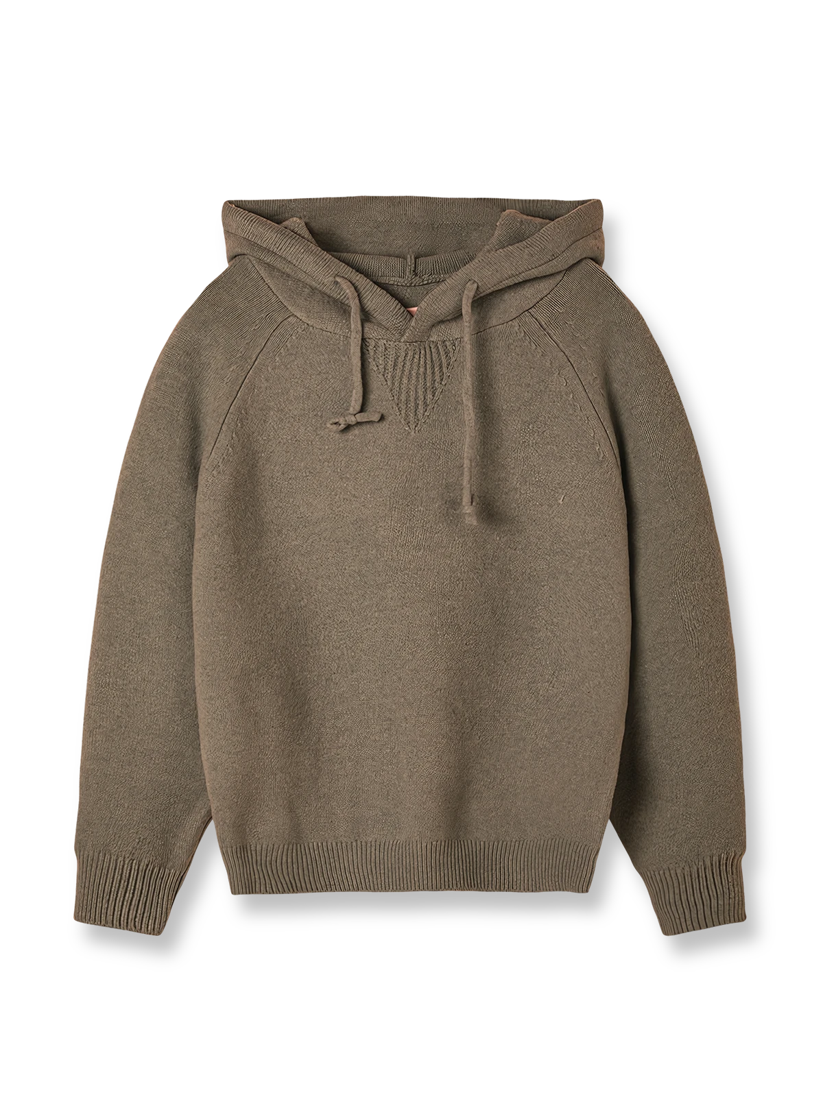 製品画像
ウール混紡フード付きニットセーター全体図。シンプルなフードデザインと厚みのある5ゲージ編みが特徴で、起毛加工により柔らかな肌触りを実現した中厚ニットセーター。ブルー、コーヒー、グレー、グリーンの4色展開。

詳細画像
裾のリブ編みデザイン、袖口の耐久性強化ディテール、フードのドローストリング仕様、起毛加工が施された高品質なウール混紡素材、5ゲージ9本取り編みの質感特写。