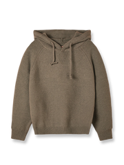 製品画像
ウール混紡フード付きニットセーター全体図。シンプルなフードデザインと厚みのある5ゲージ編みが特徴で、起毛加工により柔らかな肌触りを実現した中厚ニットセーター。ブルー、コーヒー、グレー、グリーンの4色展開。

詳細画像
裾のリブ編みデザイン、袖口の耐久性強化ディテール、フードのドローストリング仕様、起毛加工が施された高品質なウール混紡素材、5ゲージ9本取り編みの質感特写。