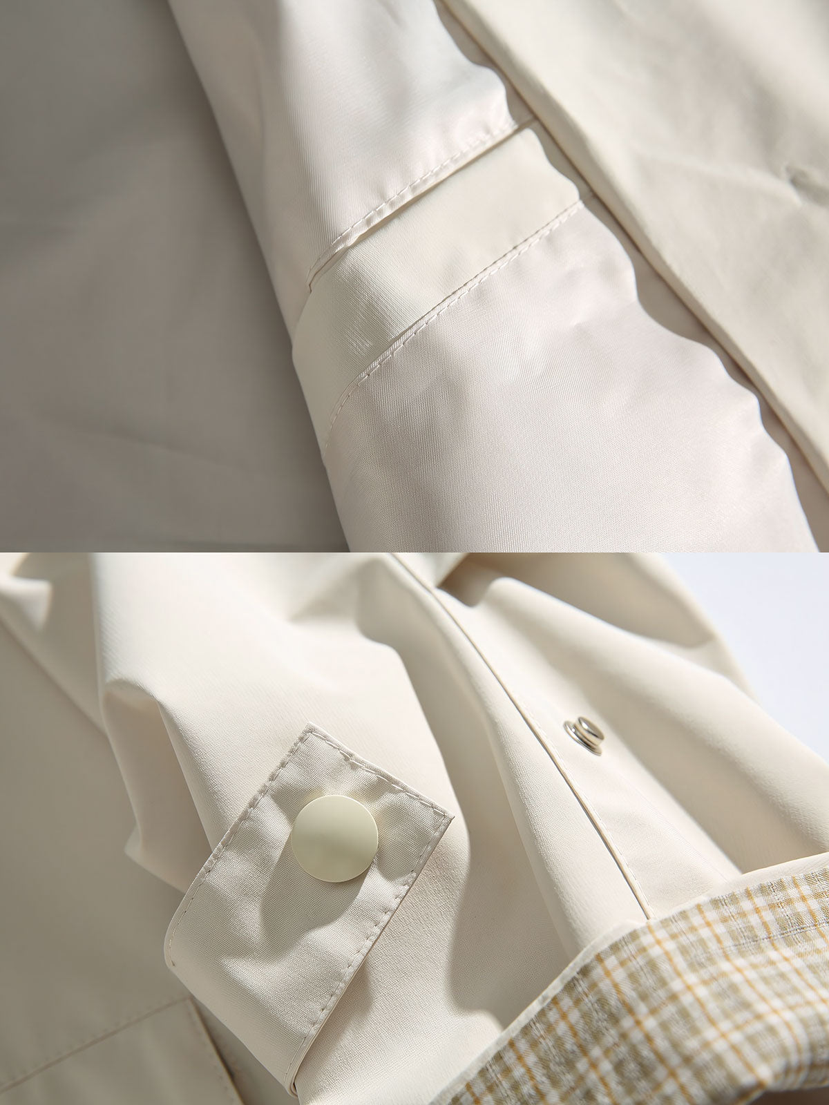 製品画像
クラシックなミディアム丈ロングカラーコート全体図。防風素材の表地とシンプルで美しいシルエットが特徴の上品なデザイン。

詳細画像
裏地に施された細かなチェック柄のディテール、袖口の調整デザイン、防風性能を備えた表地の質感特写。機能性とスタイルを両立した仕上がり。