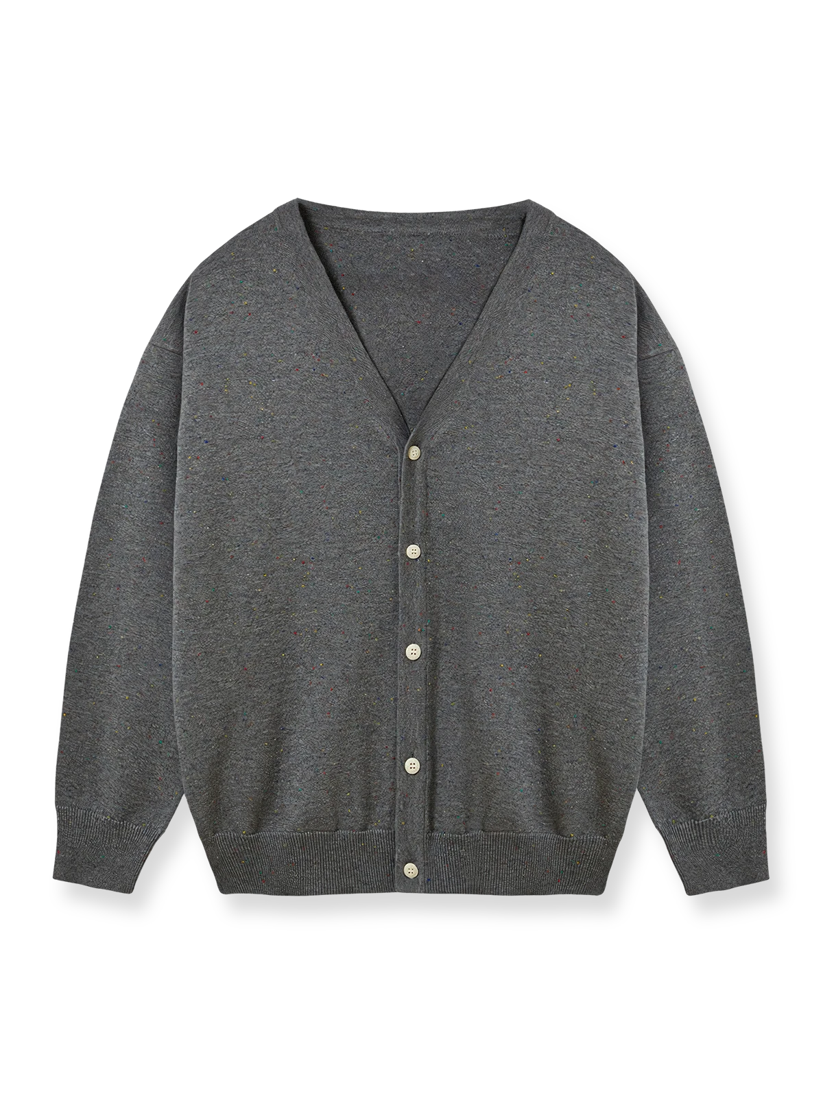 製品画像
Vネック カラフルドット ニット カーディガン全体図。12ゲージ編みの細かい編地とコットン混紡素材で仕上げた中厚ニット。カラフルなドット模様がアクセントのユニセックスデザイン。

詳細画像
グラデーション樹脂ボタンの高級感あるディテール、精緻なリブ編みの裾と袖口、滑らかな質感を持つ12ゲージ編み地とカラフルドット模様の特写。
