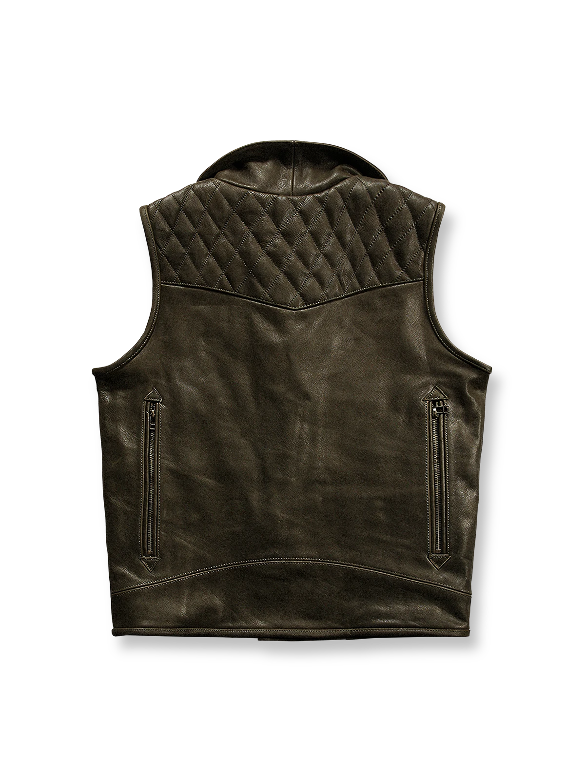 製品画像
ハンティング レザーベスト正面全体図。厚手の本革素材とクラシックな開襟デザイン、無骨なリベット装飾が特徴のヴィンテージスタイルベスト。

詳細画像
本革の滑らかな質感、リベット付き開襟デザイン、複数配置された大容量ポケットとファスナーポケット、迷彩柄裏地のディテール特写。