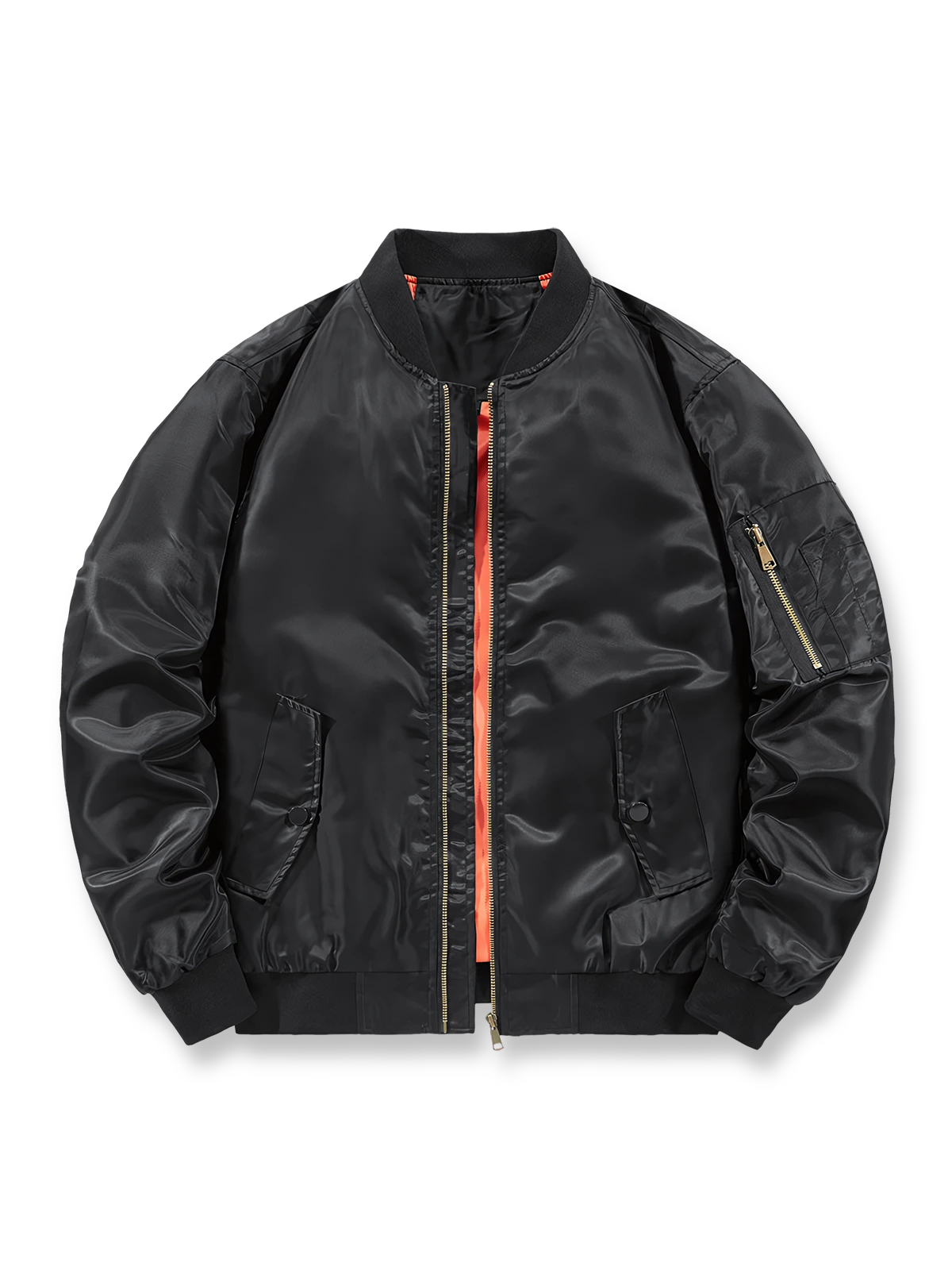 製品画像
MA-1 フライトジャケット全体図。高密度ナイロン表地とオレンジ色の裏地が特徴で、1950年代アメリカ空軍のクラシックな短丈デザインを再現。

詳細画像
ジップ付き袖ポケット、リブ仕立ての袖口・裾、防風性を高めるディテール、オレンジ色の裏地と高密度ナイロン素材の質感特写。