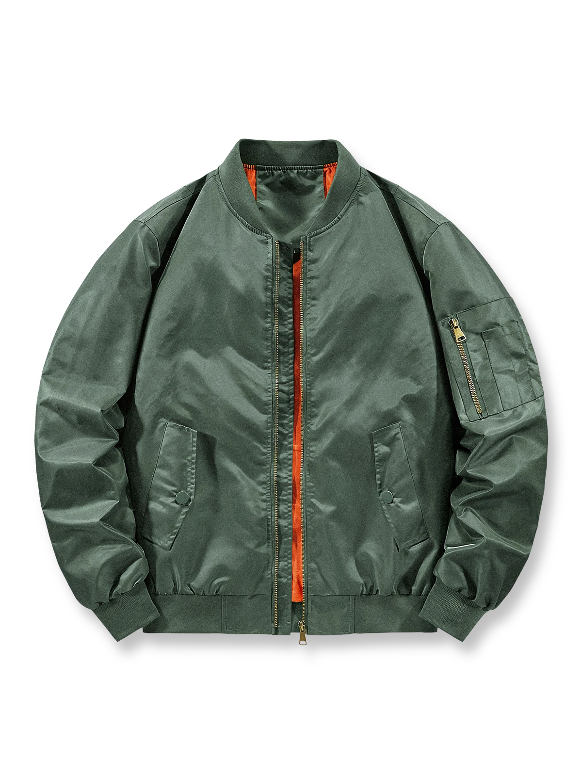 製品画像
MA-1 フライトジャケット全体図。高密度ナイロン表地とオレンジ色の裏地が特徴で、1950年代アメリカ空軍のクラシックな短丈デザインを再現。

詳細画像
ジップ付き袖ポケット、リブ仕立ての袖口・裾、防風性を高めるディテール、オレンジ色の裏地と高密度ナイロン素材の質感特写。