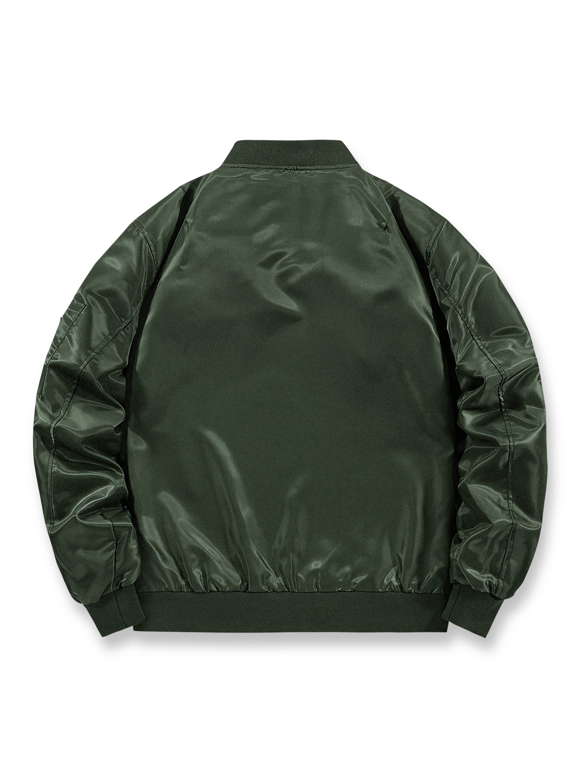 製品画像
MA-1 フライトジャケット全体図。高密度ナイロン表地とオレンジ色の裏地が特徴で、1950年代アメリカ空軍のクラシックな短丈デザインを再現。

詳細画像
ジップ付き袖ポケット、リブ仕立ての袖口・裾、防風性を高めるディテール、オレンジ色の裏地と高密度ナイロン素材の質感特写。