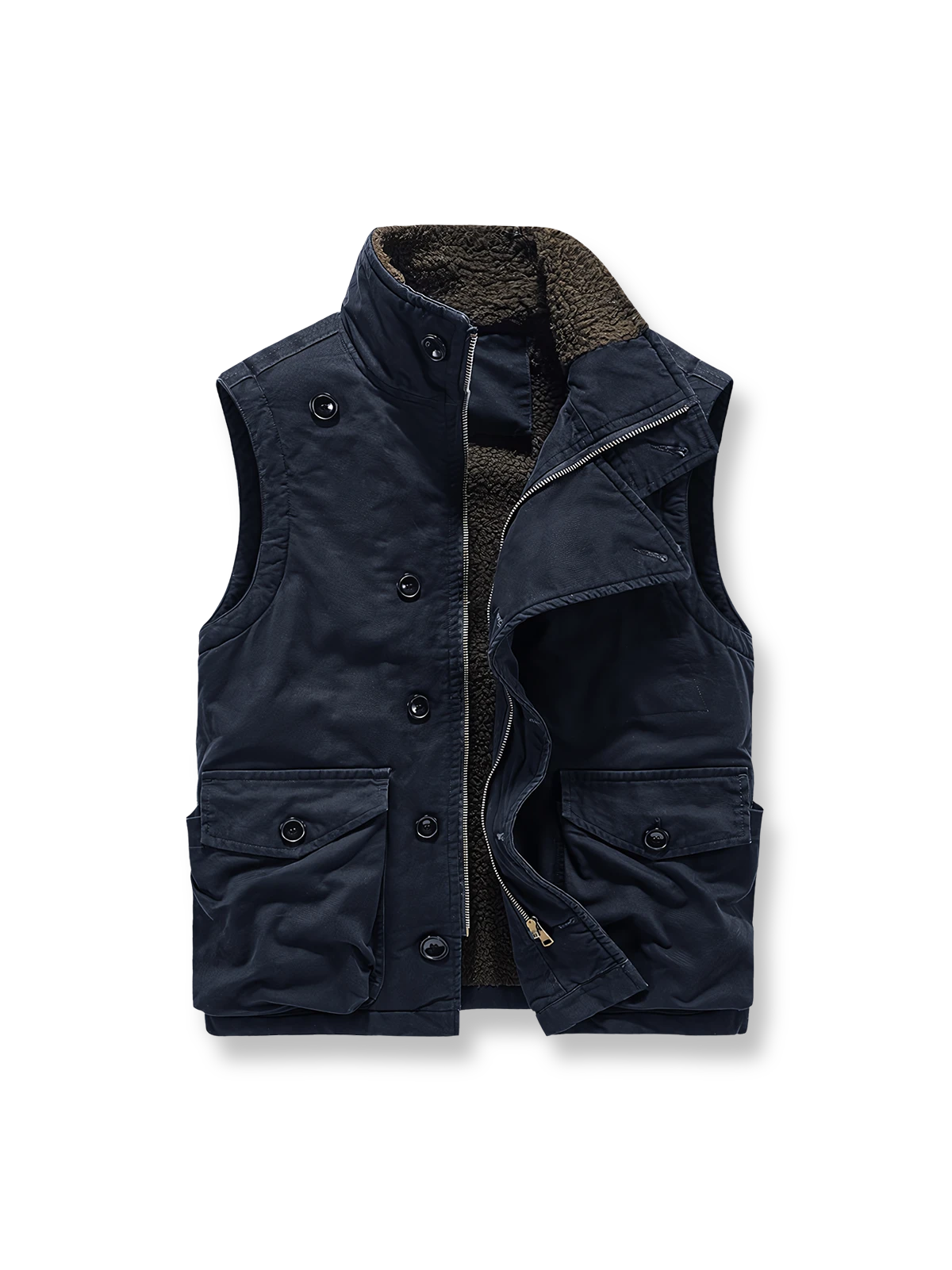 製品画像
N1デッキベスト全体図。シープスキン風ポリエステルファー裏地と100%コットン表地を使用し、耐久性・防風性・保温性を備えたクラシックデザインのベスト。

詳細画像
シープスキン風高密度ポリエステルファーの裏地、冷気を防ぐスタンドカラー、ジッパーとボタンの二重仕様、大容量フラップポケットのディテール特写。
