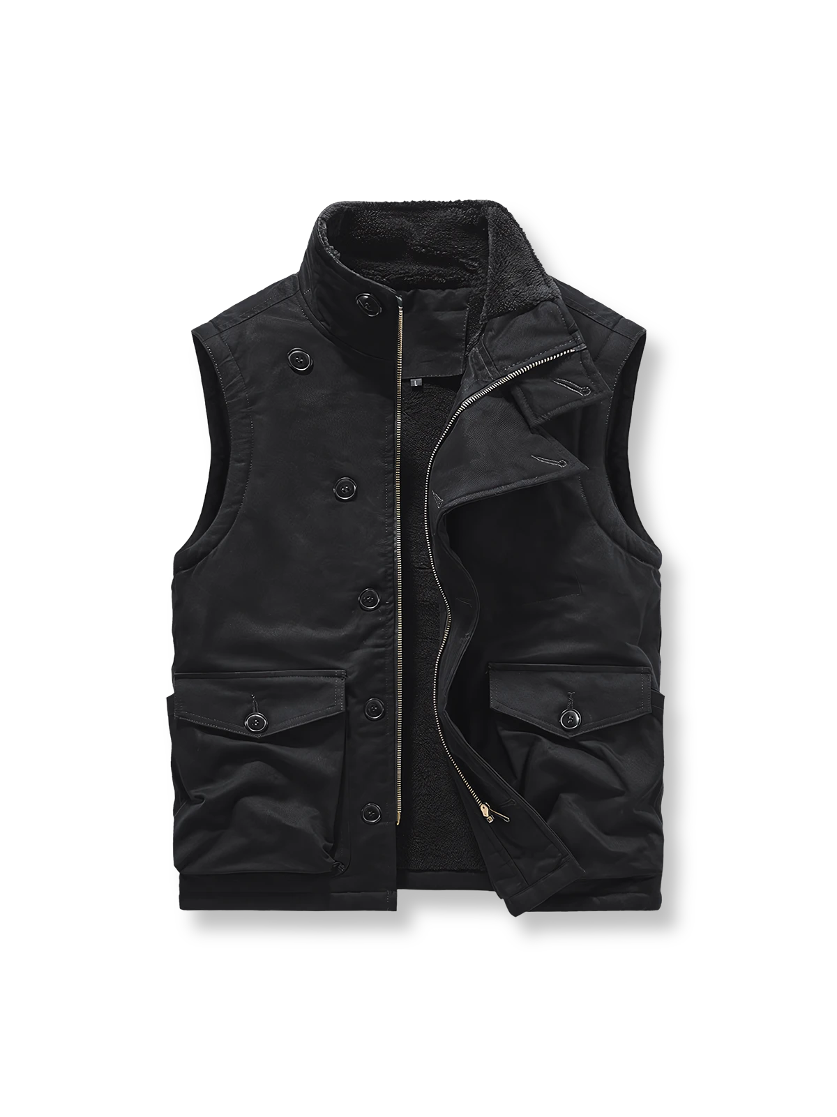 製品画像
N1デッキベスト全体図。シープスキン風ポリエステルファー裏地と100%コットン表地を使用し、耐久性・防風性・保温性を備えたクラシックデザインのベスト。

詳細画像
シープスキン風高密度ポリエステルファーの裏地、冷気を防ぐスタンドカラー、ジッパーとボタンの二重仕様、大容量フラップポケットのディテール特写。
