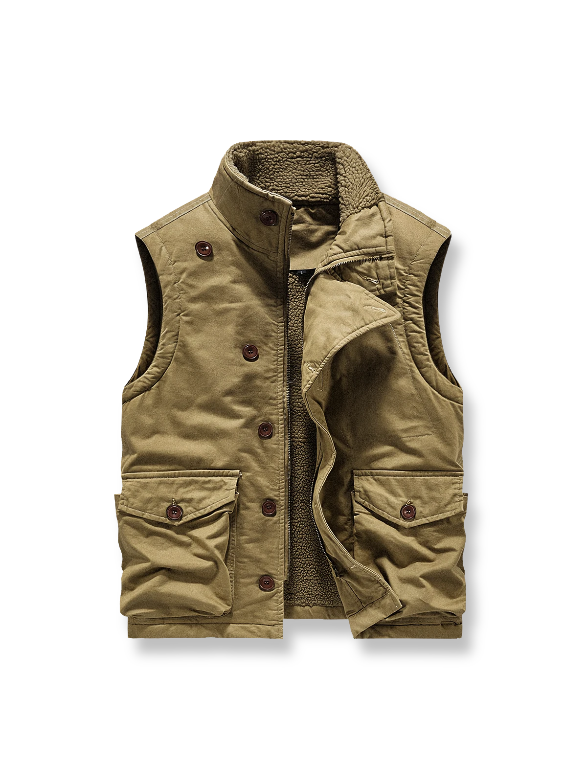 製品画像
N1デッキベスト全体図。シープスキン風ポリエステルファー裏地と100%コットン表地を使用し、耐久性・防風性・保温性を備えたクラシックデザインのベスト。

詳細画像
シープスキン風高密度ポリエステルファーの裏地、冷気を防ぐスタンドカラー、ジッパーとボタンの二重仕様、大容量フラップポケットのディテール特写。
