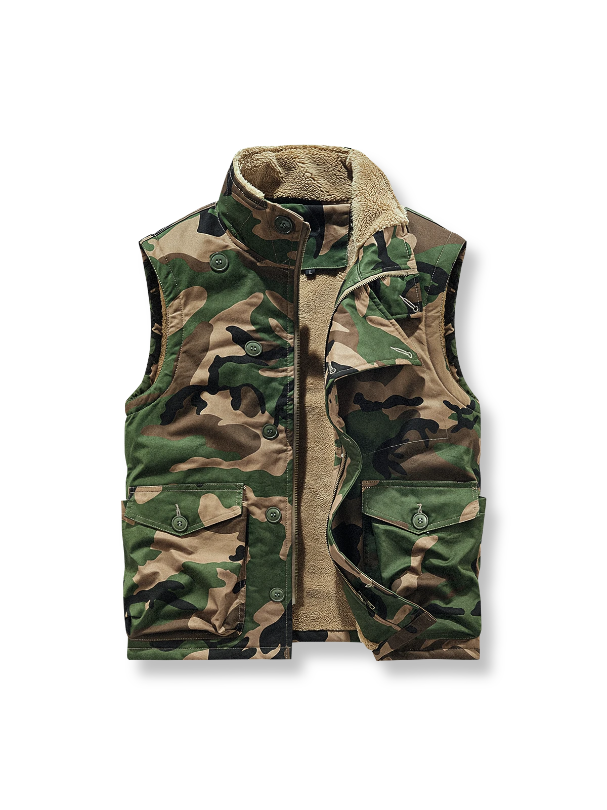 製品画像
N1デッキベスト全体図。シープスキン風ポリエステルファー裏地と100%コットン表地を使用し、耐久性・防風性・保温性を備えたクラシックデザインのベスト。

詳細画像
シープスキン風高密度ポリエステルファーの裏地、冷気を防ぐスタンドカラー、ジッパーとボタンの二重仕様、大容量フラップポケットのディテール特写。
