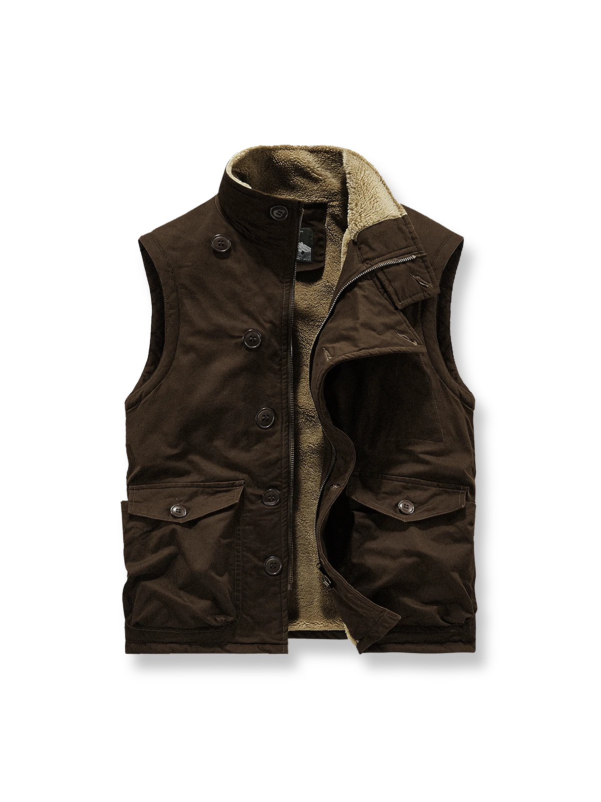 製品画像
N1デッキベスト全体図。シープスキン風ポリエステルファー裏地と100%コットン表地を使用し、耐久性・防風性・保温性を備えたクラシックデザインのベスト。

詳細画像
シープスキン風高密度ポリエステルファーの裏地、冷気を防ぐスタンドカラー、ジッパーとボタンの二重仕様、大容量フラップポケットのディテール特写。
