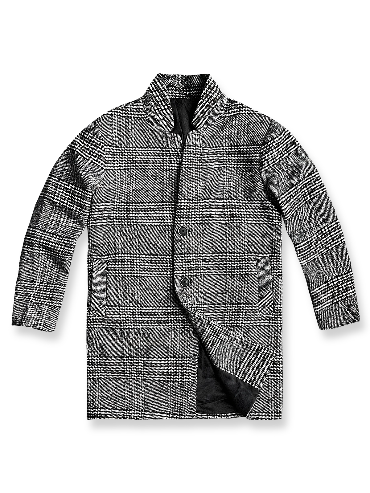 製品画像
ウール混紡のスタンドカラー ミドル丈 チェック柄コートの全体展示図。クラシックなチェック柄デザインとミドル丈シルエットが特徴。

詳細画像
スタンドカラーの防風デザインとクラシックなチェック柄生地のディテールクローズアップ。レトロで洗練された印象を強調。