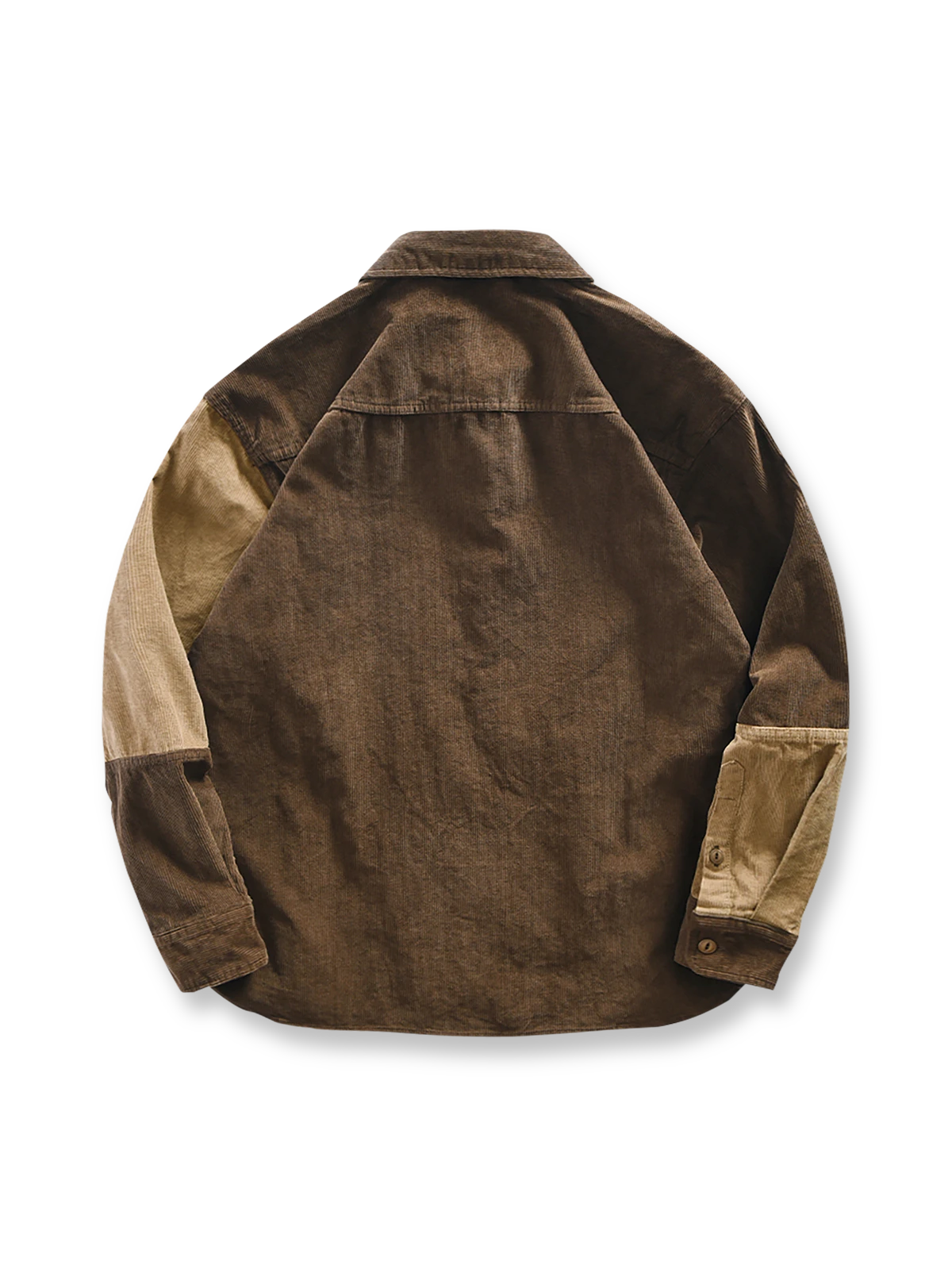 製品画像
「コーデュロイ パッチワーク シャツの全体像。厚手のコーデュロイ素材と独特なカラーブロックデザインが特徴で、秋冬のレトロスタイルに最適」

詳細画像
「コーデュロイ パッチワーク シャツのアシンメトリーポケットとストライプ模様の質感ディテール。高級感と個性を際立たせたデザイン」