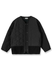 製品画像
「テフロン加工 三防テクノロジー ダイヤキルティング中綿ジャケット全体像。防水、防油、防汚の三防機能と3M™シンサレート中綿が特徴で、軽量で暖かい冬のアウター」

詳細画像
「テフロン加工 ダイヤキルティング中綿ジャケットのダブルジッパーとスナップボタンのディテールクローズアップ。防風性とデザイン性を両立」