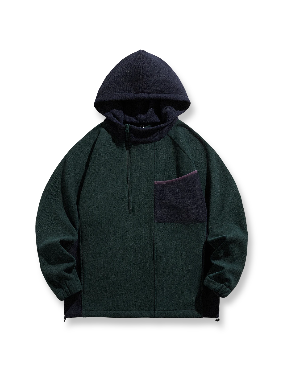 製品画像
「アメリカンヴィンテージ風デザインのバイカラーパッチポケットハーフジップ裏起毛パーカー全体写真。保温性と快適性を兼ね備え、秋冬のアウトドアやカジュアルスタイルに最適なアイテム。」

詳細画像
「パッチポケットと斜めハーフジップのディテール写真。裏起毛仕様による保温性と、袖口のゴム仕様や裾のドローコードデザインが特徴のパーカー。」
