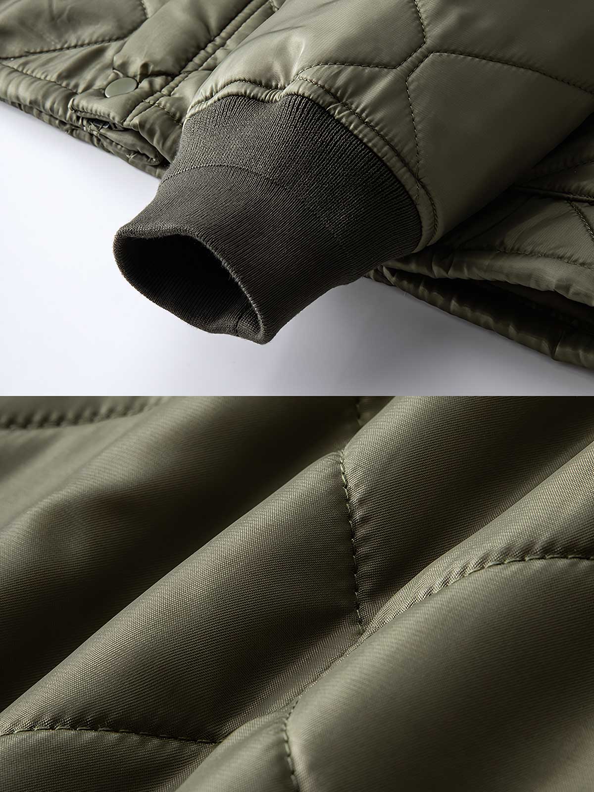 製品画像
「ヴィンテージ感漂うアメリカンミリタリースタイルのM65ライナー CWU-9P 中綿ジャケット全体展示写真。ダイヤモンドキルティングデザインとリブ仕様を備えた軽量で保温性に優れた一着。」

詳細画像
「ダイヤモンドキルティングデザインが施された生地のディテール写真と、防風性能を高めるリブ仕様の袖口のクローズアップ写真。」
