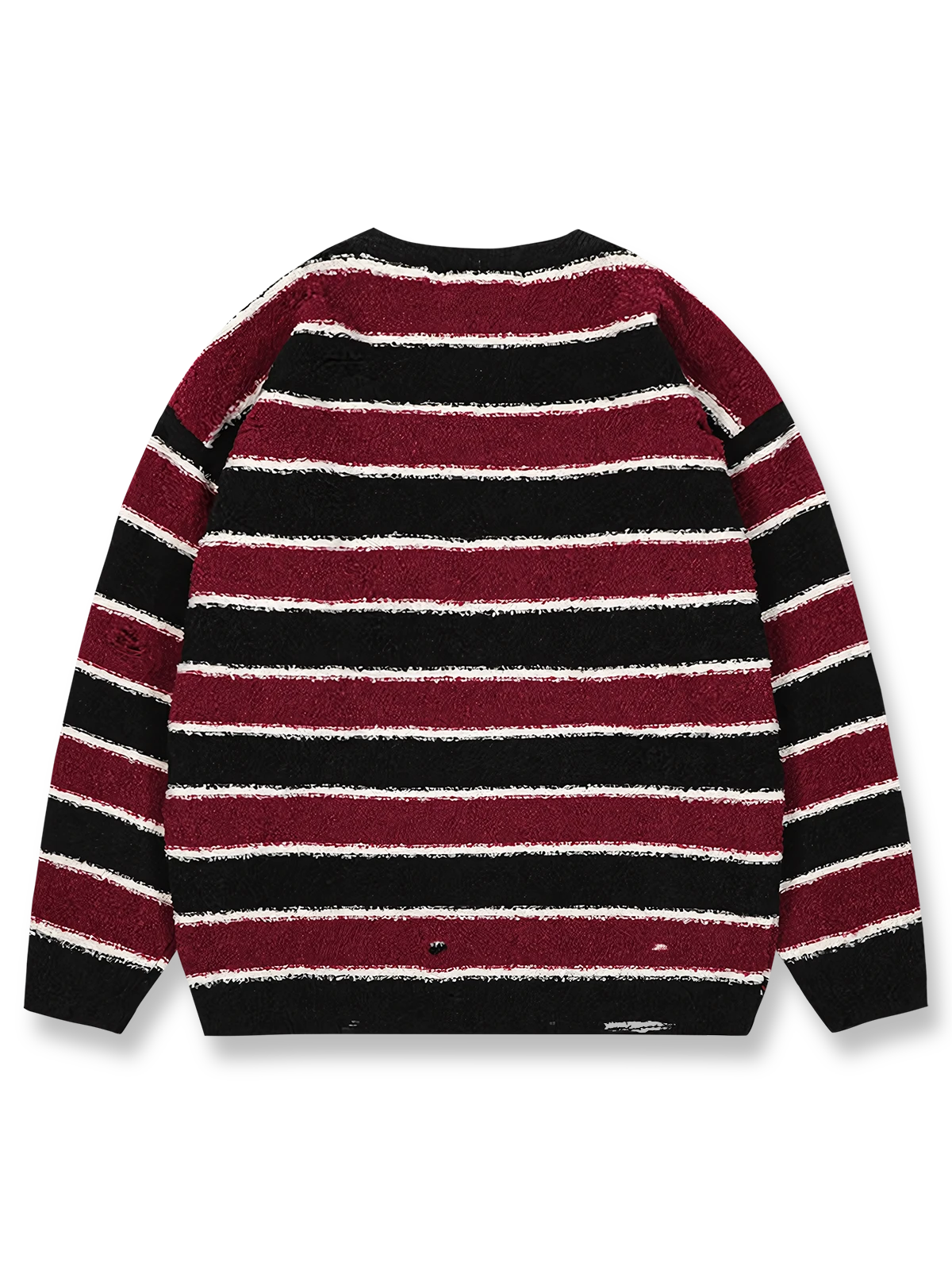 製品画像
「ヴィンテージ感漂うダメージディテールとカラフルなストライプ柄が特徴のストライプ クルーネック ニットセーター。ゆったりとしたシルエットで秋冬のカジュアルスタイルに最適な万能セーターの全体展示図」

詳細画像
「柔らかな混紡糸素材で作られたストライプ クルーネック ニットセーター。カラフルなストライプ柄とヴィンテージ風のダメージディテールが施されたトレンド感のあるディテールクローズアップ」
