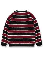 製品画像
「ヴィンテージ感漂うダメージディテールとカラフルなストライプ柄が特徴のストライプ クルーネック ニットセーター。ゆったりとしたシルエットで秋冬のカジュアルスタイルに最適な万能セーターの全体展示図」

詳細画像
「柔らかな混紡糸素材で作られたストライプ クルーネック ニットセーター。カラフルなストライプ柄とヴィンテージ風のダメージディテールが施されたトレンド感のあるディテールクローズアップ」
