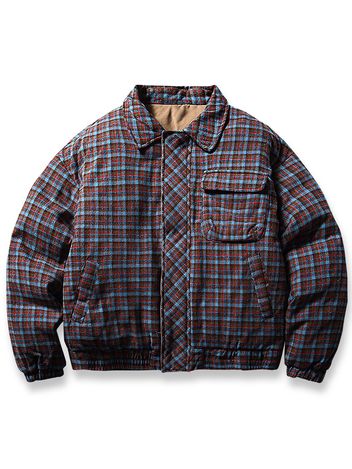 製品画像
「イギリス風チェック柄とシンプルな無地のリバーシブルデザインを特徴とする中綿ジャケット。100%コットン素材を使用し、軽量で暖かい秋冬用万能アウターの正面全体図」

詳細画像
「クラシックなイギリス風チェック柄とシンプルな無地デザインを両立したリバーシブル仕様のディテールクローズアップ。キルティング加工と袖口のゴム仕様が保温性と快適性を強化」
