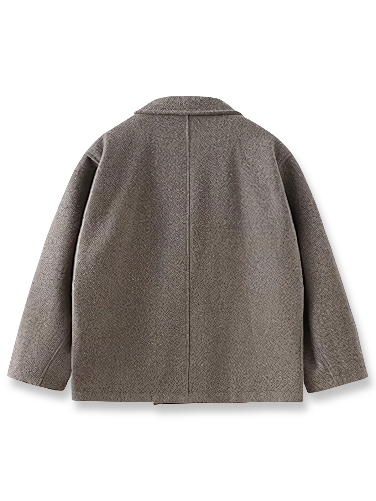 製品画像
レトロ ヘビー ウール ダブルブレストジャケットの全体像。730gのヘビーウール素材と縦ストライプのミックスカラー生地を使用し、クラシックなダブルブレストデザインが特徴。冬の暖かさとレトロな魅力を兼ね備えた一着。

詳細画像
ダブルブレストの前立てとU型パッチポケットのディテール。Hラインシルエットと微妙に落ちたショルダーのカッティングが、クラシックで洗練された印象を与え、実用性と装飾性を兼ね備えたデザイン。