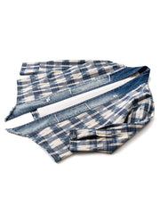 製品画像
デニムパッチワークとチェック柄を融合させた竹節編みコットン&リネン素材のはんてん全体イメージ。伝統的なはんてんデザインに現代的な要素を加え、軽やかで快適な着心地を提供。

詳細画像
デニムパッチワークとチェック柄素材のディテール。竹節編みコットン&リネン素材が通気性と軽さを実現し、視覚的な立体感を加えるデザイン。
