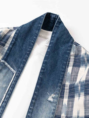 製品画像
デニムパッチワークとチェック柄を融合させた竹節編みコットン&リネン素材のはんてん全体イメージ。伝統的なはんてんデザインに現代的な要素を加え、軽やかで快適な着心地を提供。

詳細画像
デニムパッチワークとチェック柄素材のディテール。竹節編みコットン&リネン素材が通気性と軽さを実現し、視覚的な立体感を加えるデザイン。
