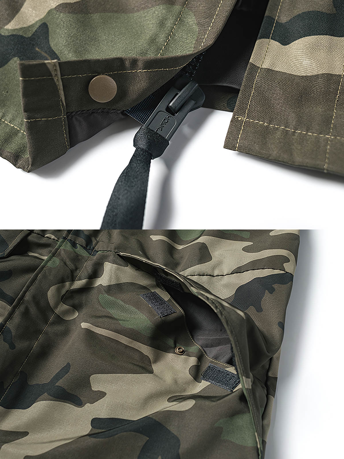 製品画像
多層構造型防寒服、迷彩柄防水ジャケット、ウッドランド迷彩柄、撥水加工、厚手ポリエステル素材、耐久性、アウトドアジャケット、寒冷地対応、風雨対応、耐久性の高い素材。

詳細画像
10号IDEALナイロンジッパー、大型ジッパー、カスタムナイロン製スナップボタン、防風性、耐久性、アウトドアジャケットのディテール、実用的なデザイン。
