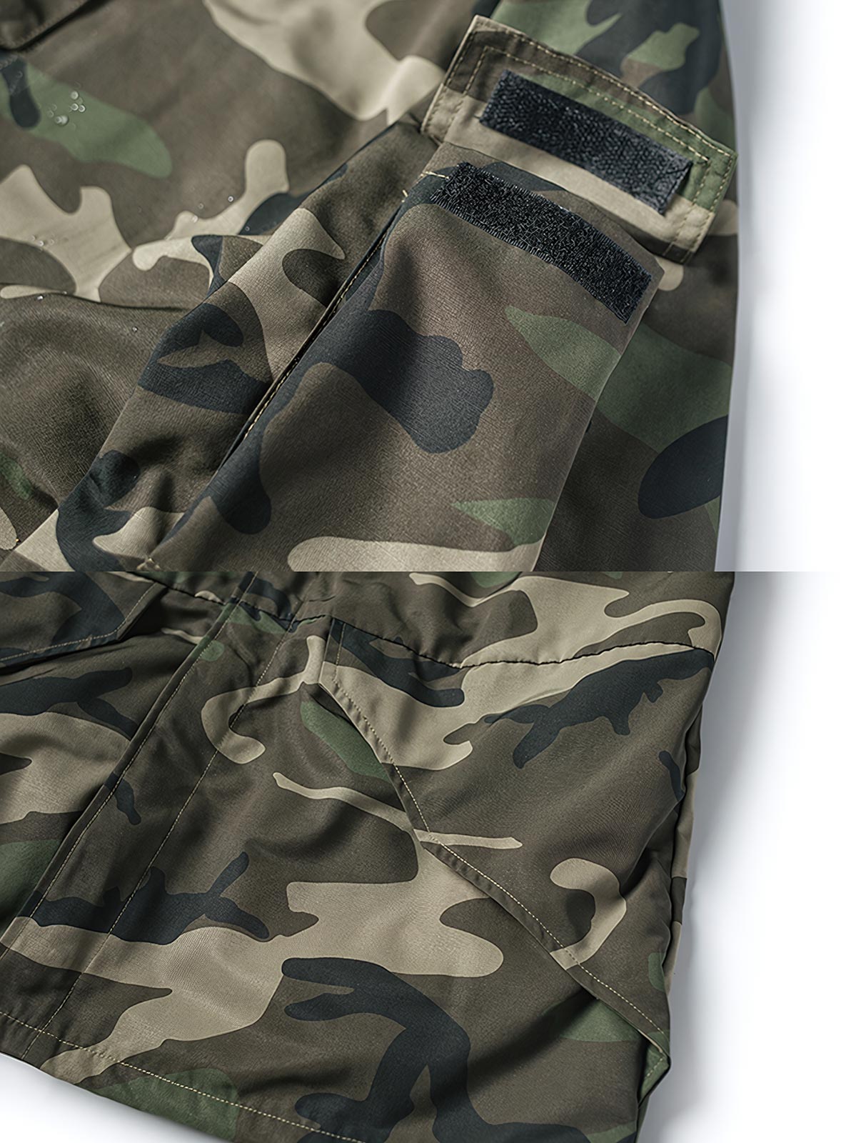 製品画像
多層構造型防寒服、迷彩柄防水ジャケット、ウッドランド迷彩柄、撥水加工、厚手ポリエステル素材、耐久性、アウトドアジャケット、寒冷地対応、風雨対応、耐久性の高い素材。

詳細画像
10号IDEALナイロンジッパー、大型ジッパー、カスタムナイロン製スナップボタン、防風性、耐久性、アウトドアジャケットのディテール、実用的なデザイン。
