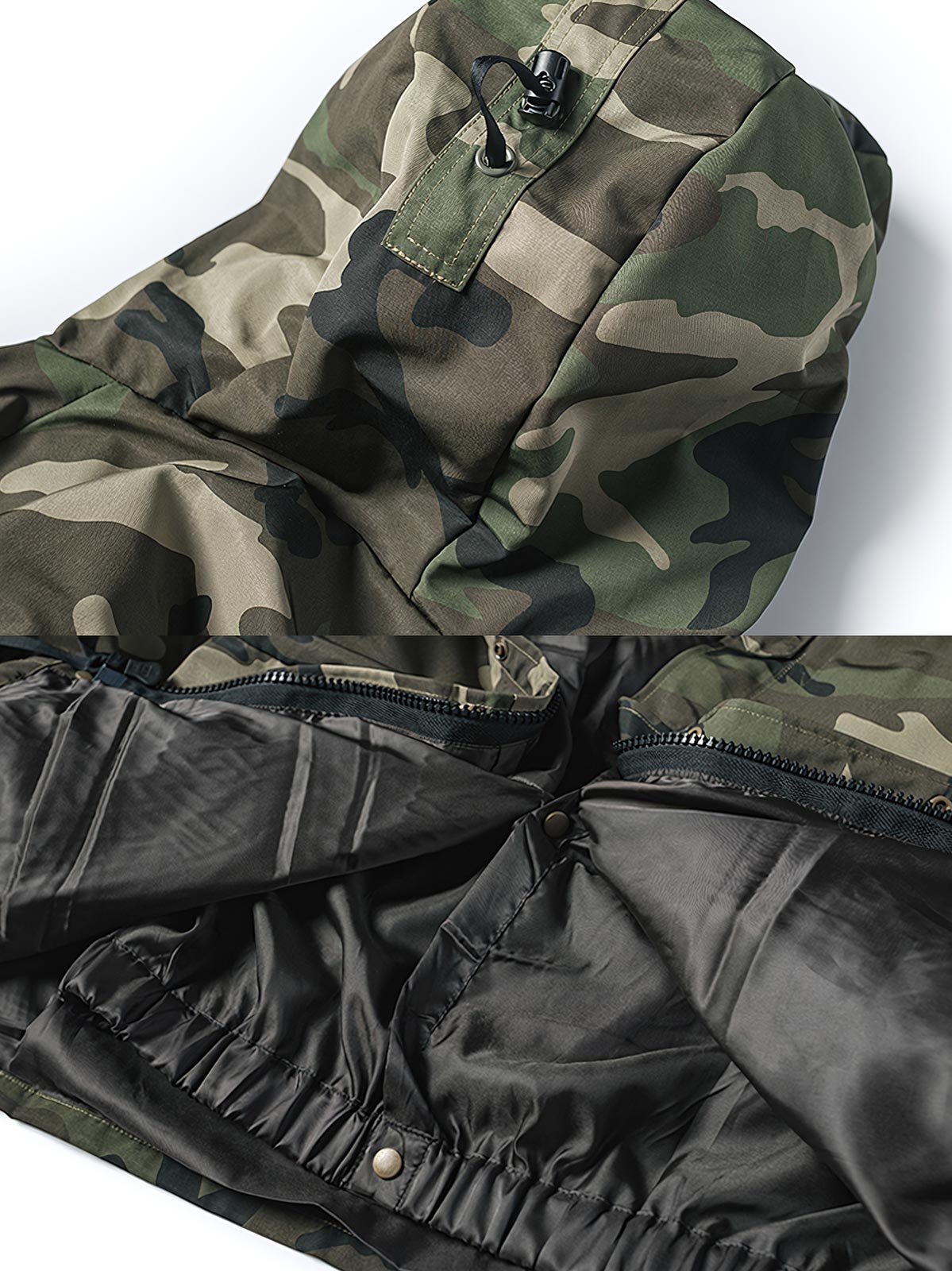 製品画像
多層構造型防寒服、迷彩柄防水ジャケット、ウッドランド迷彩柄、撥水加工、厚手ポリエステル素材、耐久性、アウトドアジャケット、寒冷地対応、風雨対応、耐久性の高い素材。

詳細画像
10号IDEALナイロンジッパー、大型ジッパー、カスタムナイロン製スナップボタン、防風性、耐久性、アウトドアジャケットのディテール、実用的なデザイン。
