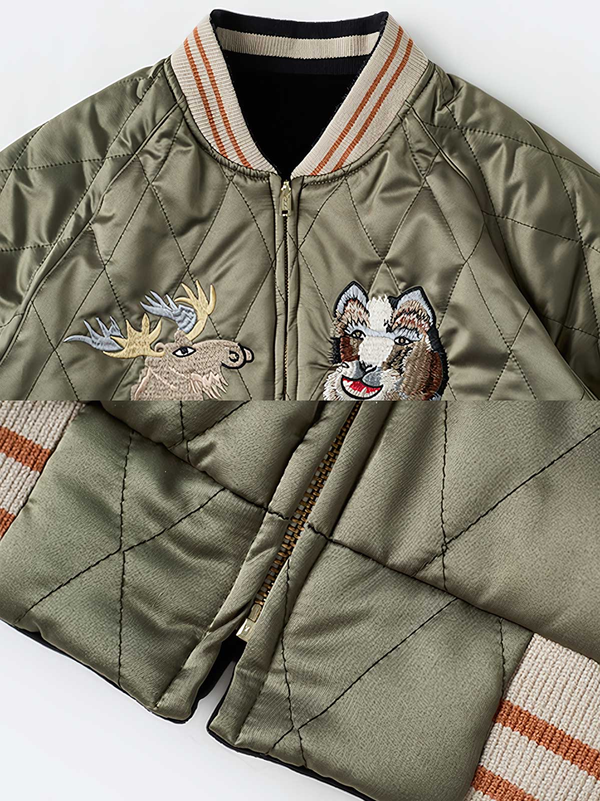 製品画像
1950年代アラスカをテーマにしたヴィンテージ刺繍リバーシブルスカジャン。片面はブラックベルベット素材にホッキョクグマ刺繍、もう片面はサテンポリエステルにアラスカ地図とトナカイ刺繍。どちらの面も印象的なデザインが施されています。

詳細画像
YKK製スライダージッパー、ライトニングデザインとホッキョクグマの刺繍ディテール。丁寧な仕上げが際立つ。