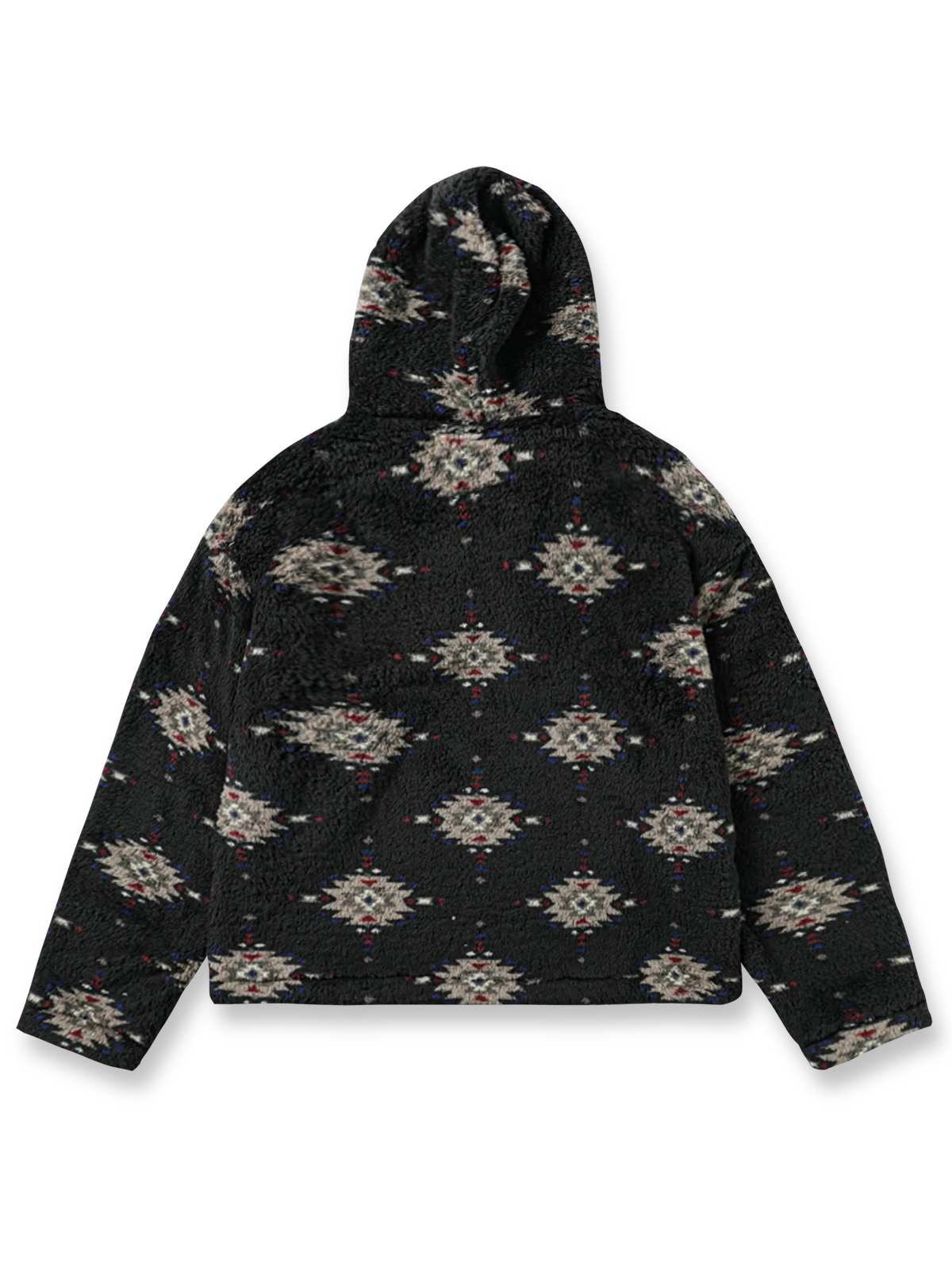製品画像: ナバホ柄 パーカー。柔らかいラムファー素材を使用し、保温性に優れた冬のカジュアルスタイルに最適なパーカーの正面全体展示図。

詳細画像: ナバホ柄とラムファー素材のディテールクローズアップ。フロントポケットの実用的な収納機能を示す画像。