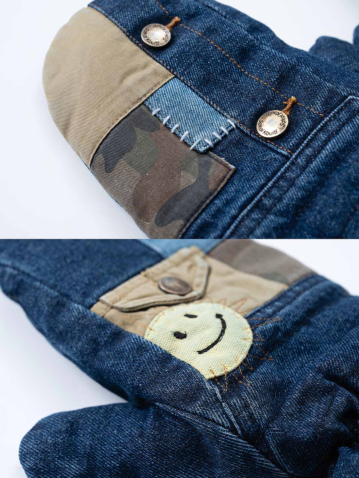 製品画像
「デコンストラクション（再構造）デザインとストーンウォッシュ加工を施したデニム生地が特徴のシープスキン裏地グローブ全体展示図。冬の保温性とカジュアルなデザイン性を兼ね備えた一品。」

詳細画像
「スマイル刺繍とデコンストラクション（再構造）を取り入れたパッチワークデザインのディテール特写。ストーンウォッシュ加工が施されたデニム生地とシープスキン風裏地の組み合わせが際立つ。」