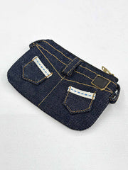 製品画像
「デニム生地を使用したジーンズ型デザインのカードケース全体展示図。二本針ステッチや銅製リベット、バックポケットの刺繍飾りが特徴的なヴィンテージ風デザイン。」

詳細画像
「デニム カードケースのディテール特写。二本針ステッチ、銅製リベット、刺繍入りバックポケットなど、ジーンズを彷彿とさせる精巧なデザインが際立つ。」