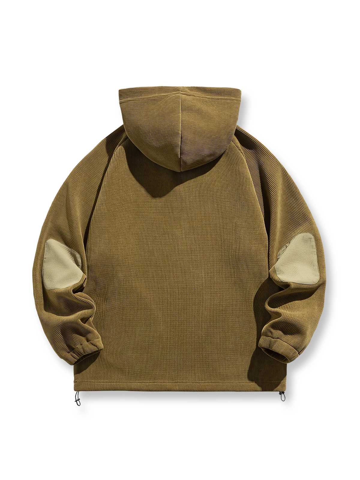 製品画像: レトロなバイカラー仕様とフード付きの裏起毛スウェット全体像、保温性とデザイン性を兼ね備えた秋冬向けカジュアルウェア。
詳細画像: バイカラーのドローストリングディテールと、暖かい裏起毛フリース素材のクローズアップ。