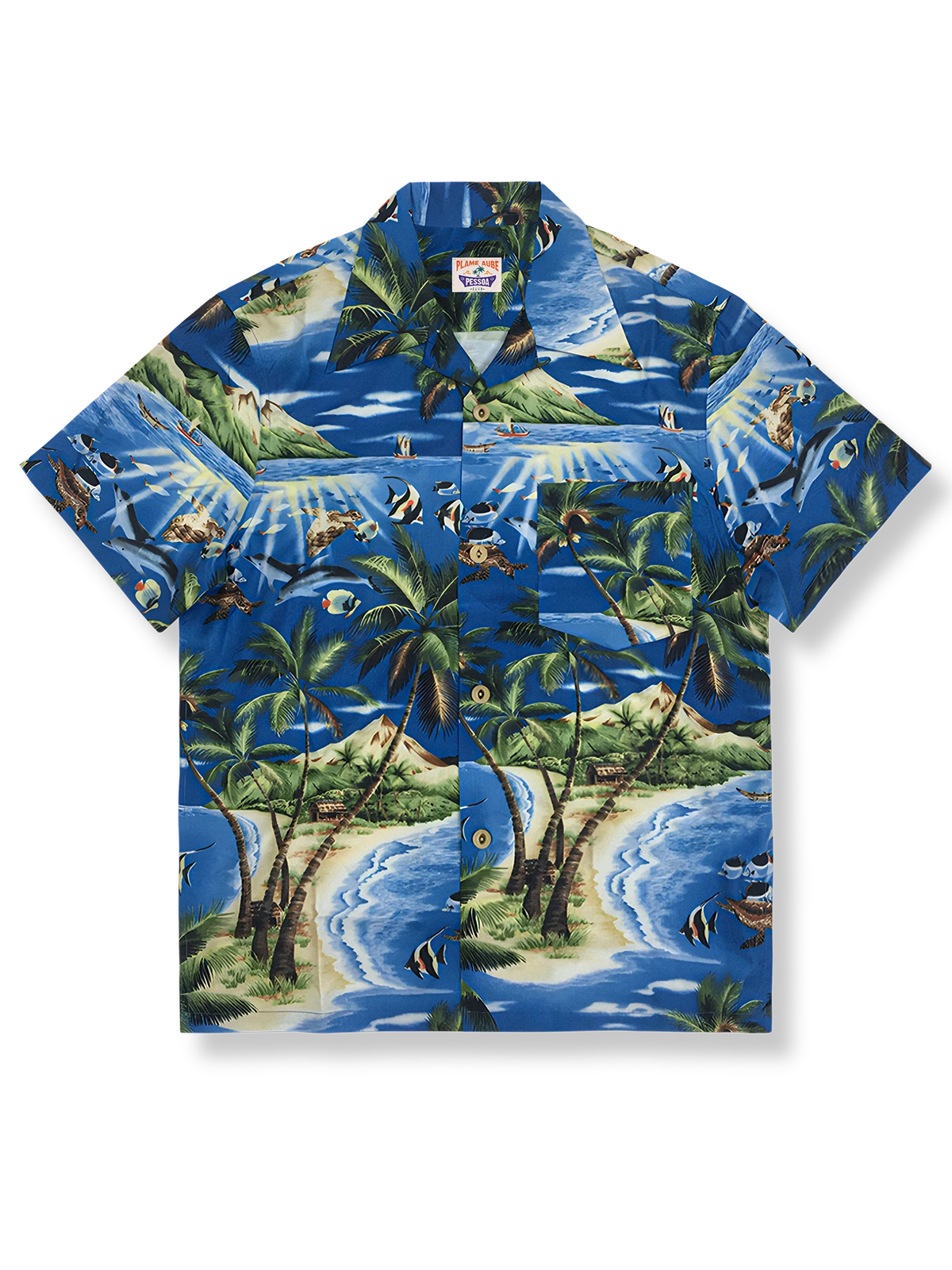 緑と青ポケットアロハシャツ