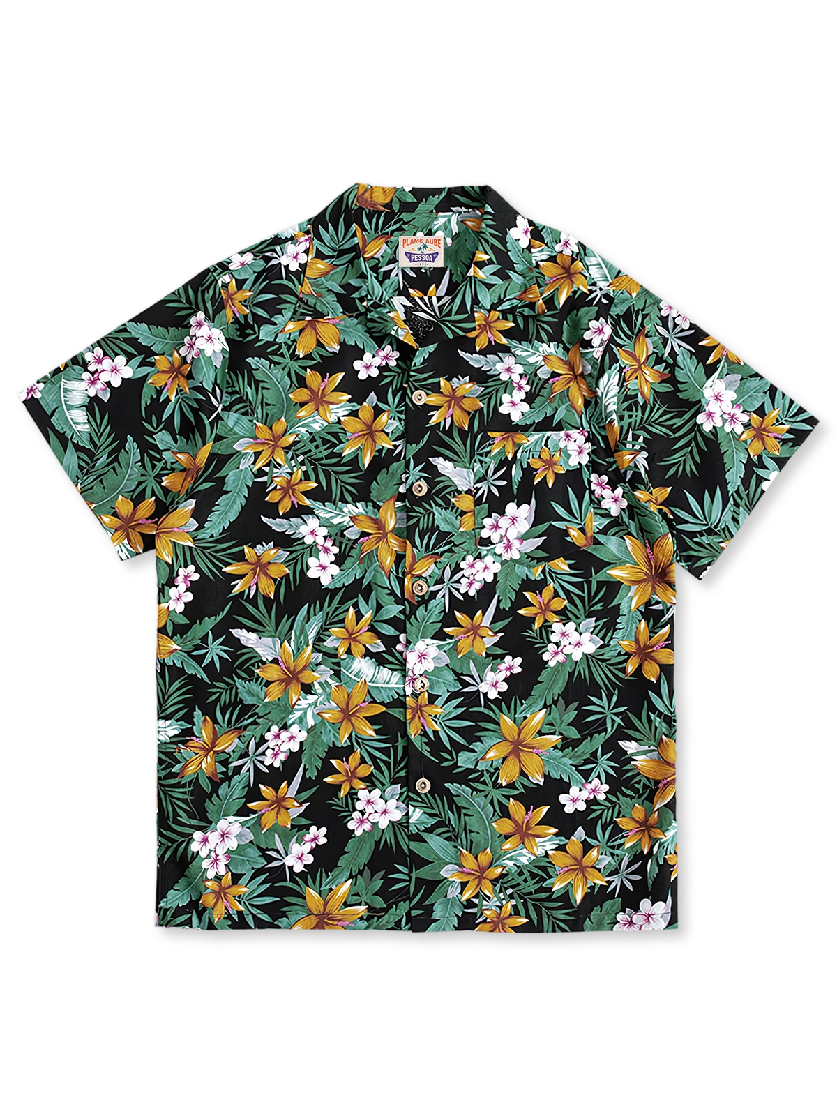 ハワイ花柄　黒色アロハシャツ