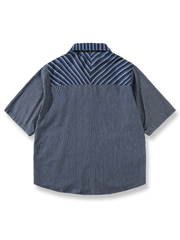 ストライプ パッチワーク デニム 半袖シャツ