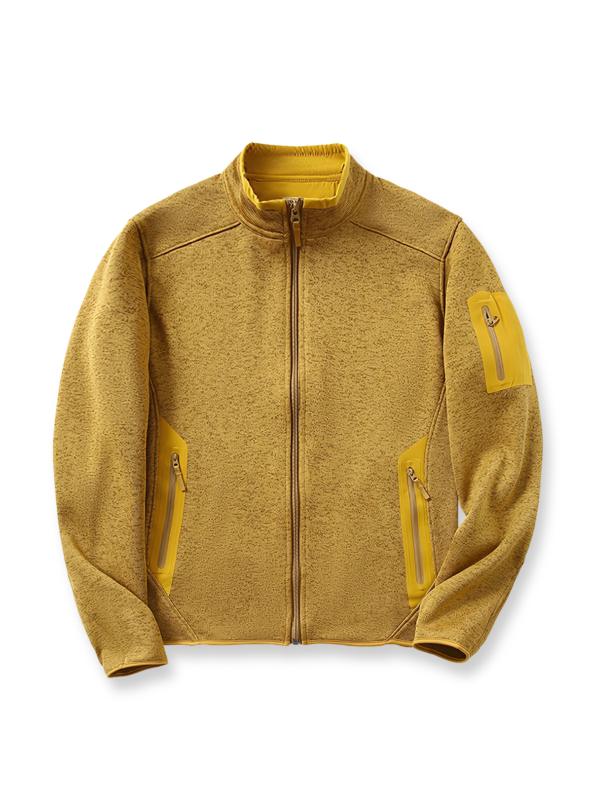 製品画像
「9色展開のスタンドカラーフリースジャケットの全体展示画像。高い透湿性と保温性を兼ね備え、スタンドカラーデザインが防風性と首元の立体感を引き立てるジャケット。多孔構造、ポーラス構造、マイクロポーラス膜技術、透湿性、保温性、防風、9色展開。」

詳細画像
「スタンドカラーフリースジャケットのスタンドカラー部分と袖口のディテールを特写。防風性と保温性を高めるデザインが際立ち、柔らかな起毛素材と立体メッシュ素材の構造が確認できる。スタンドカラー、防風デザイン、保温性、起毛素材、立体メッシュ、多孔構造、ディテール特写。」